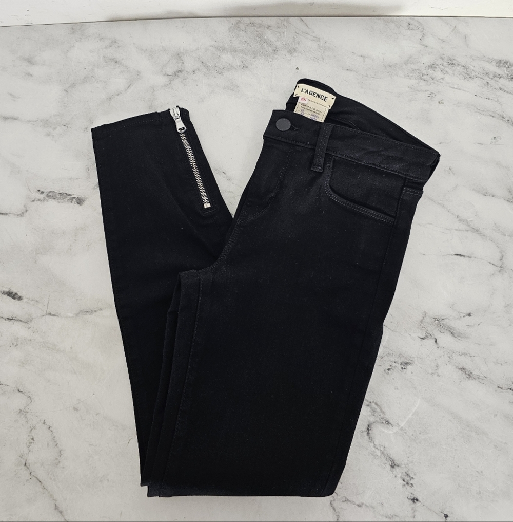 L'agence Emmanuelle Mid Rise Cropped Zipper Moto Y2K Black Skinny Jeans 25 NWT - Picture 3 of 9